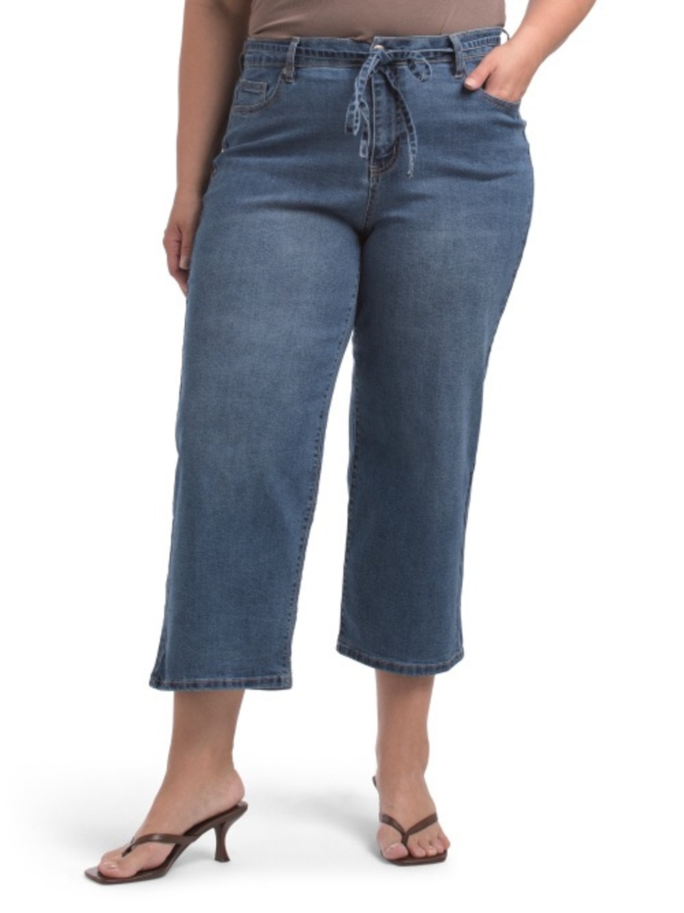 DJEANS | Plus Wide Leg Cropped Jeans With Cord Tie Belt